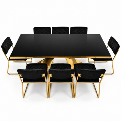 PAN Home CIYAN 8-Seater Black & Gold Glass Dining Table with 8 Upholstered Dining Chairs - Al Thahani Furniture