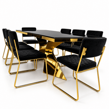 PAN Home CIYAN 8-Seater Black & Gold Glass Dining Table with 8 Upholstered Dining Chairs - Al Thahani Furniture