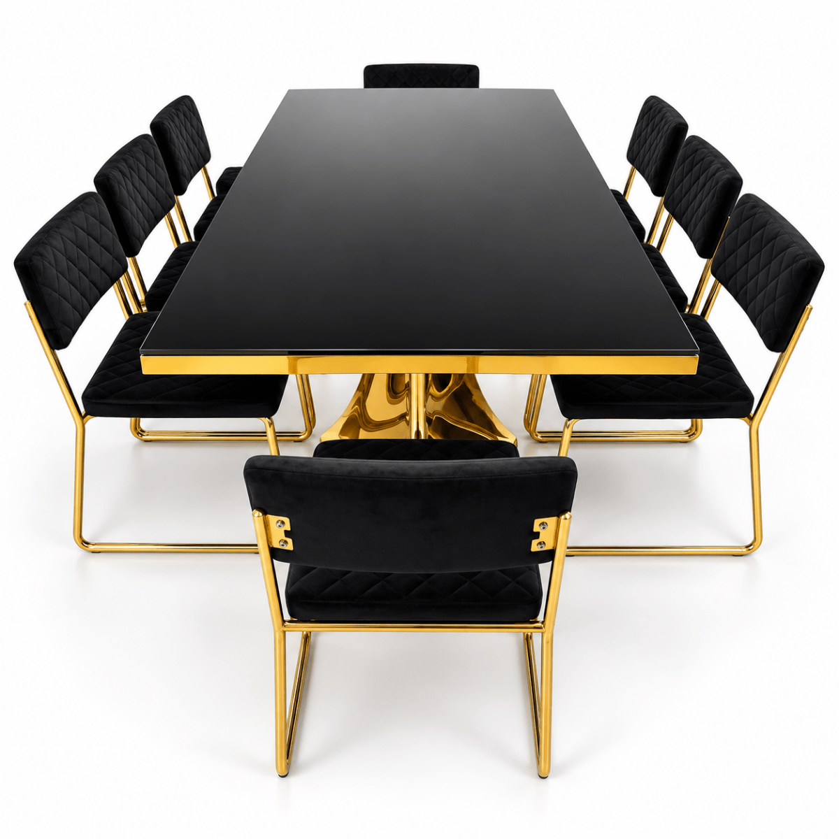 PAN Home CIYAN 8-Seater Black & Gold Glass Dining Table with 8 Upholstered Dining Chairs - Al Thahani Furniture