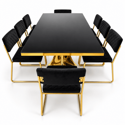 PAN Home CIYAN 8-Seater Black & Gold Glass Dining Table with 8 Upholstered Dining Chairs - Al Thahani Furniture