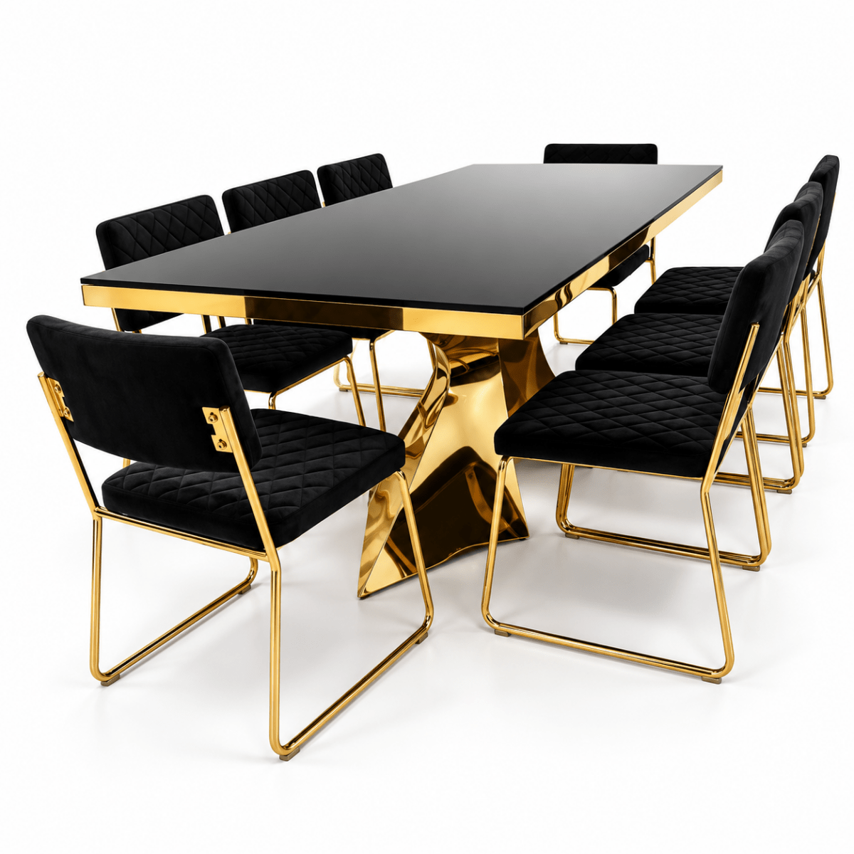 PAN Home CIYAN 8-Seater Black & Gold Glass Dining Table with 8 Upholstered Dining Chairs - Al Thahani Furniture