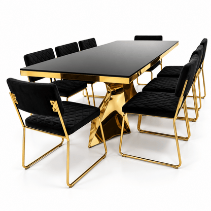 PAN Home CIYAN 8-Seater Black & Gold Glass Dining Table with 8 Upholstered Dining Chairs - Al Thahani Furniture