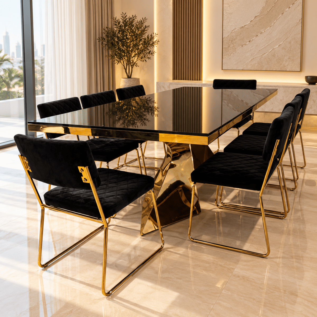 PAN Home CIYAN 8-Seater Black & Gold Glass Dining Table with 8 Upholstered Dining Chairs - Al Thahani Furniture