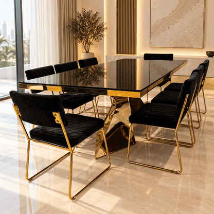 PAN Home CIYAN 8-Seater Black & Gold Glass Dining Table with 8 Upholstered Dining Chairs - Al Thahani Furniture