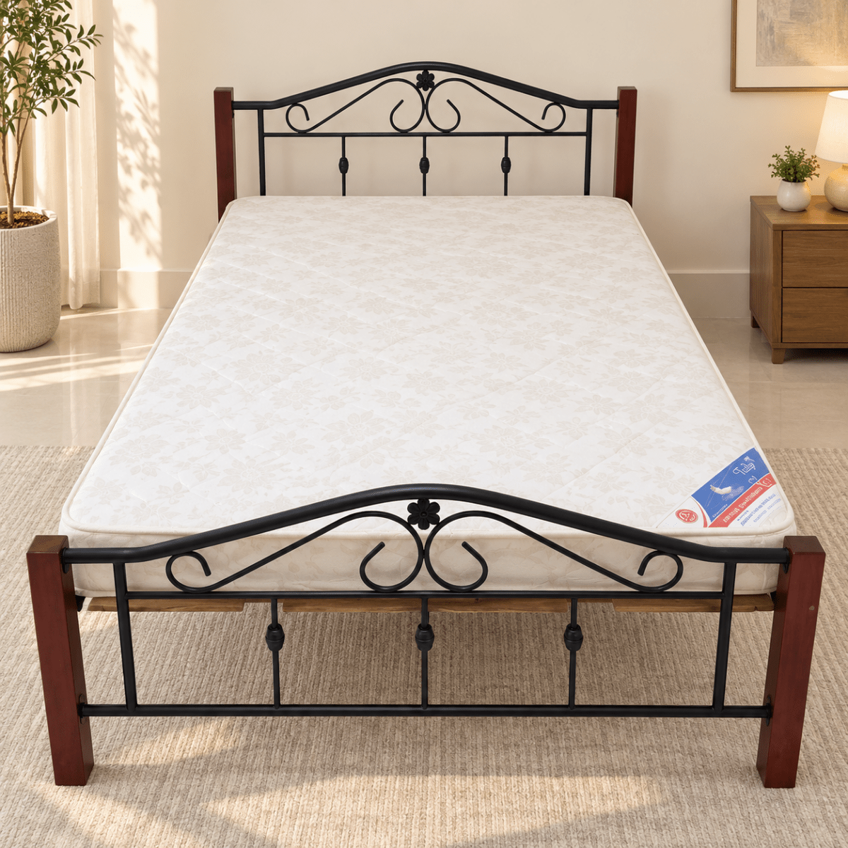 PAN Home Classic Metal Bed with Mattress – Black & Brown – 120 × 190 cm - Al Thahani Furniture