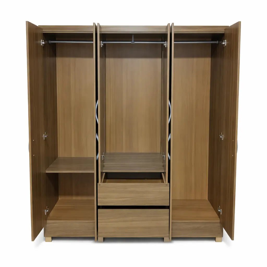 Pan Home Flash 6 - Door Wardrobe – Contemporary, 2 Central Drawers, Silver Handles, 147x45x180 cm - althahanifurniture