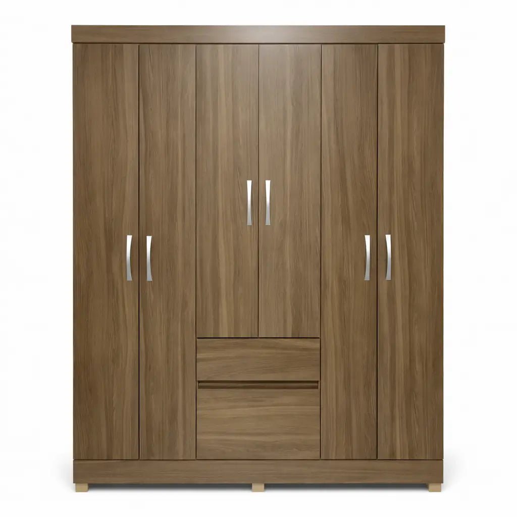 Pan Home Flash 6 - Door Wardrobe – Contemporary, 2 Central Drawers, Silver Handles, 147x45x180 cm - althahanifurniture