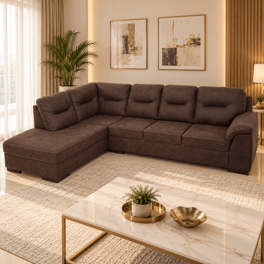 PAN Home Freeport L-Shaped Corner Sofa with Left Chaise – Choco Brown – 280 × 205 × 105 cm - Al Thahani Furniture