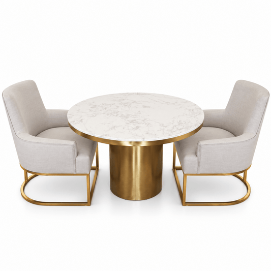 PAN Home Kemer Round Dining Table with 2 Upholstered Armchairs – White & Gold – 130 cm - Al Thahani Furniture