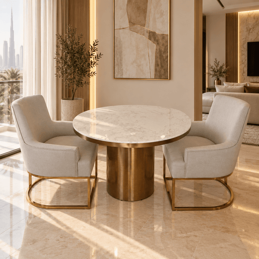 PAN Home Kemer Round Dining Table with 2 Upholstered Armchairs – White & Gold – 130 cm - Al Thahani Furniture
