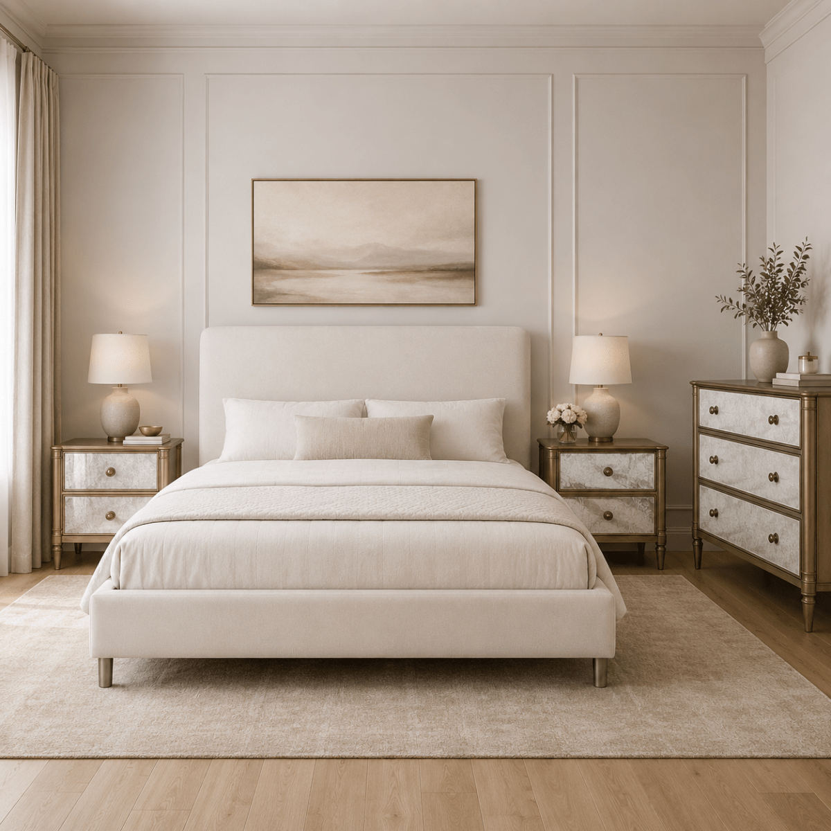Pan Home King Bedroom Set (5-Piece) | Beige Upholstered & Light Brown, 180x200 cm, without Mattress - used 9 months - Al Thahani Furniture