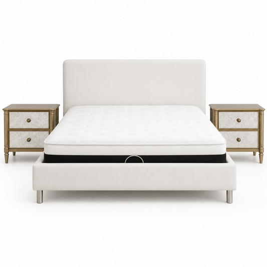 Pan Home King Bedroom Set (5-Piece) | Beige Upholstered & Light Brown, 180x200 cm, without Mattress - used 9 months - Al Thahani Furniture