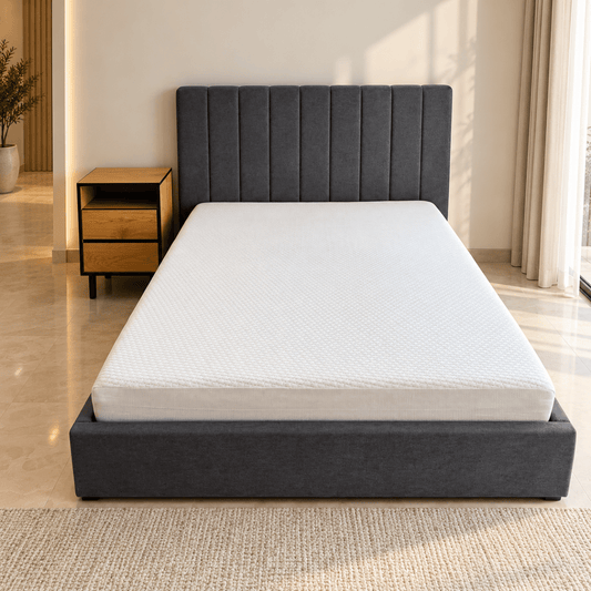 PAN Home Milano 140 × 200 cm Upholstered Bed with Mattress & 2-Drawer Nightstand – Charcoal Grey &amp; Oak - Al Thahani Furniture