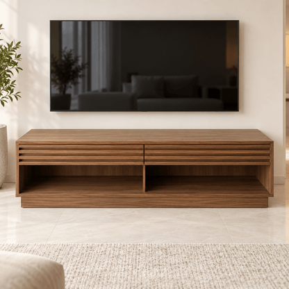 PAN Home Modern TV Unit with 2 Slatted Drawers & Open Shelves – Walnut Brown - Al Thahani Furniture