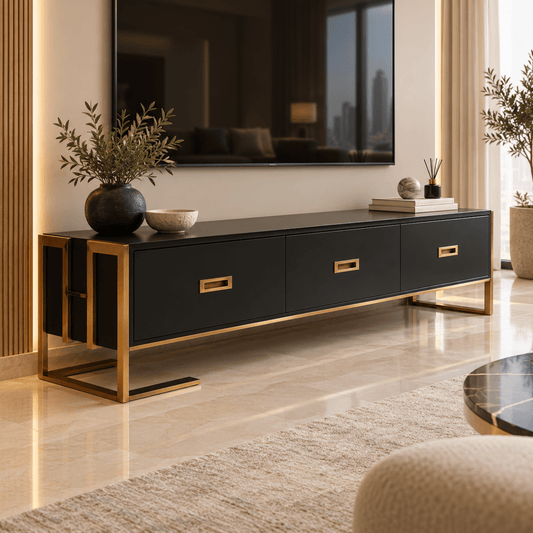 PAN Home PLUGARI 220cm TV Unit with 3 Drawers – Black & Gold - Al Thahani Furniture