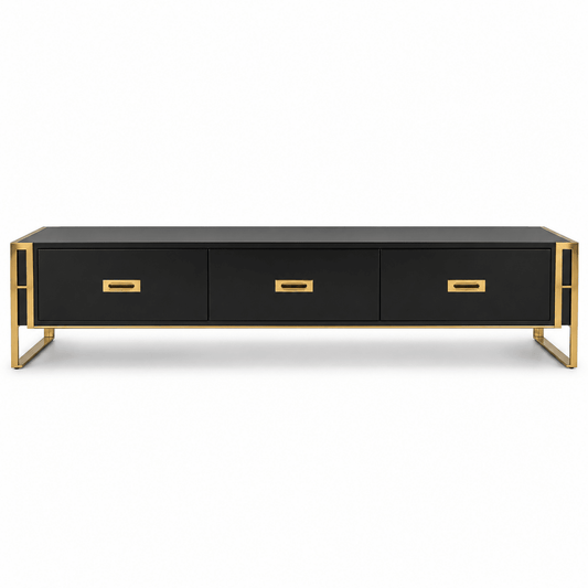PAN Home PLUGARI 220cm TV Unit with 3 Drawers – Black & Gold - Al Thahani Furniture