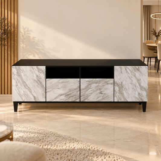 PAN Home Povera 4-Door TV Unit – 200 cm – Black & White Marble Style - Al Thahani Furniture