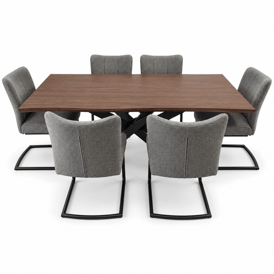 PAN Home Rivington 7-Piece Dining Set with 6 Upholstered Chairs – Brown & Grey – 200 × 100 cm - Al Thahani Furniture