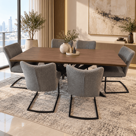 PAN Home Rivington 7-Piece Dining Set with 6 Upholstered Chairs – Brown & Grey – 200 × 100 cm - Al Thahani Furniture