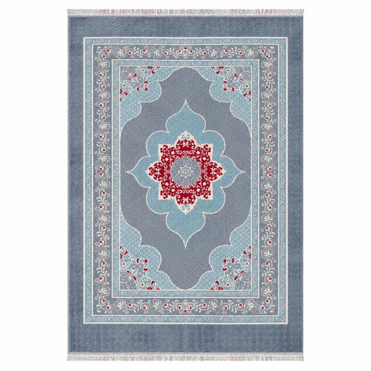 Persian-Style Area Rug | Red Medallion & Light Blue, 160x230 cm - used 4 months - Al Thahani Furniture