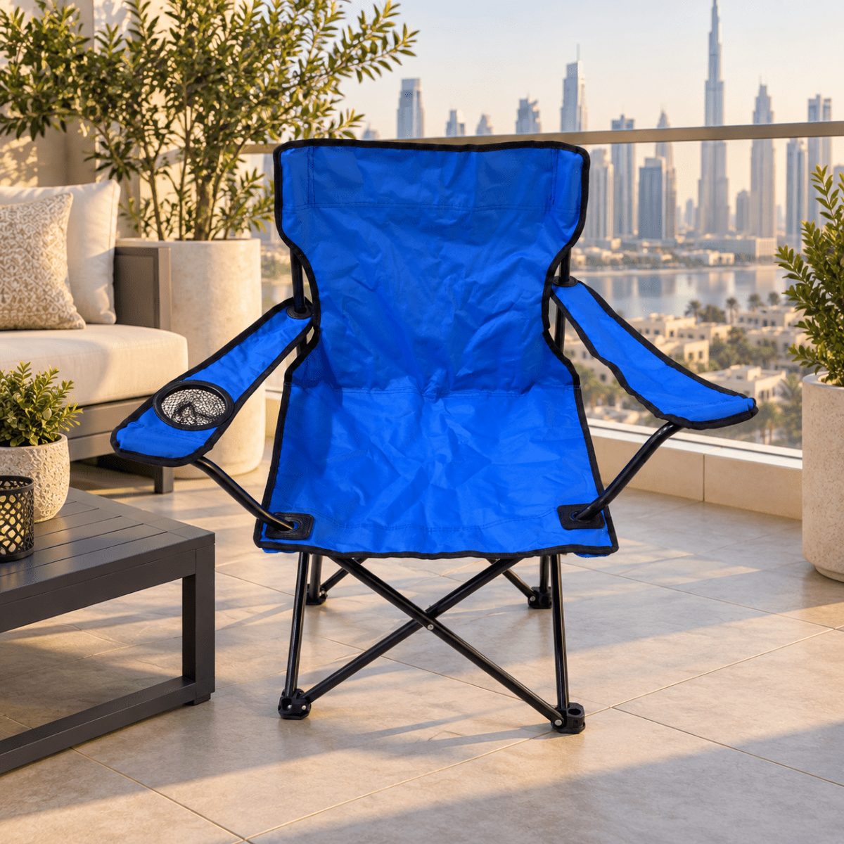 Portable Folding Camping Chair with Armrests & Cup Holder – Blue - Al Thahani Furniture
