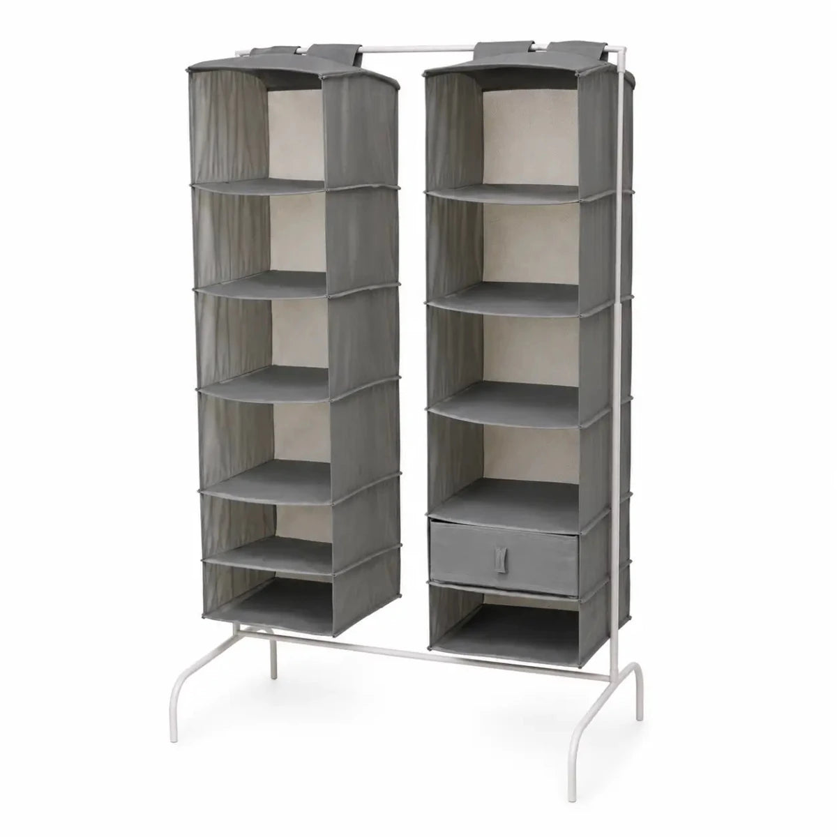 Portable Garment Rack with Dual Hanging Shelves & Storage Drawer | White Metal Frame - used 2 months - Al Thahani Furniture