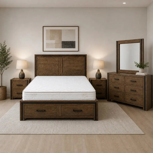 Queen Bed Set – Modern Lines & Rustic Aesthetic – 150 x 200cm - used 9 months - Al Thahani Furniture