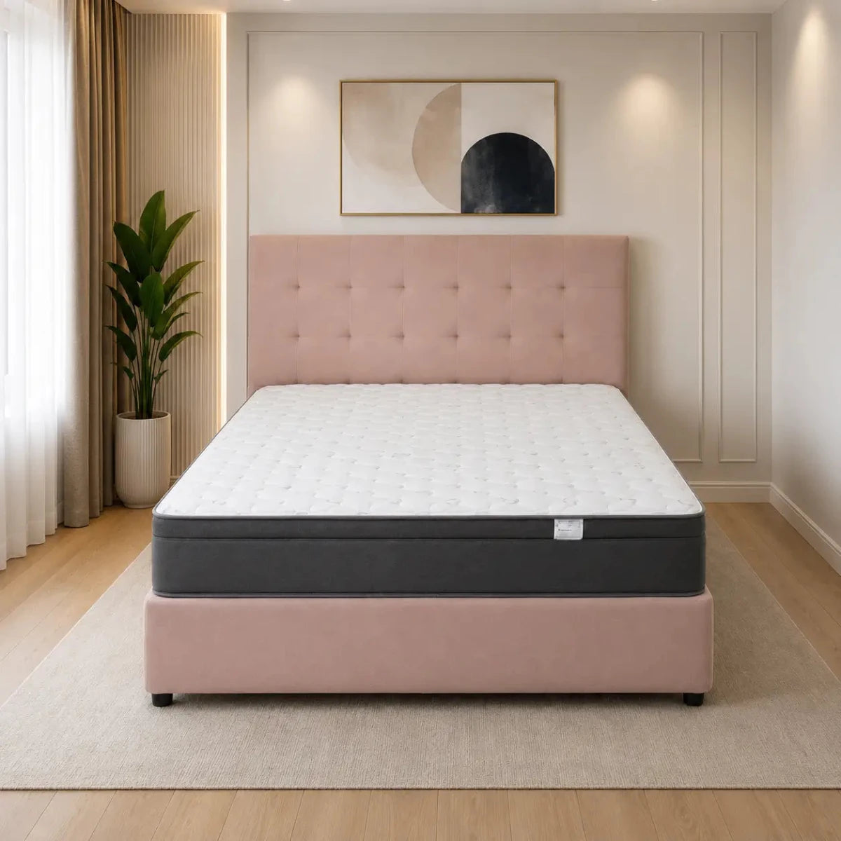 Queen Bed with Rose Pink Tufted Headboard & Mattress | 155x205 cm - used 4 months - Al Thahani Furniture