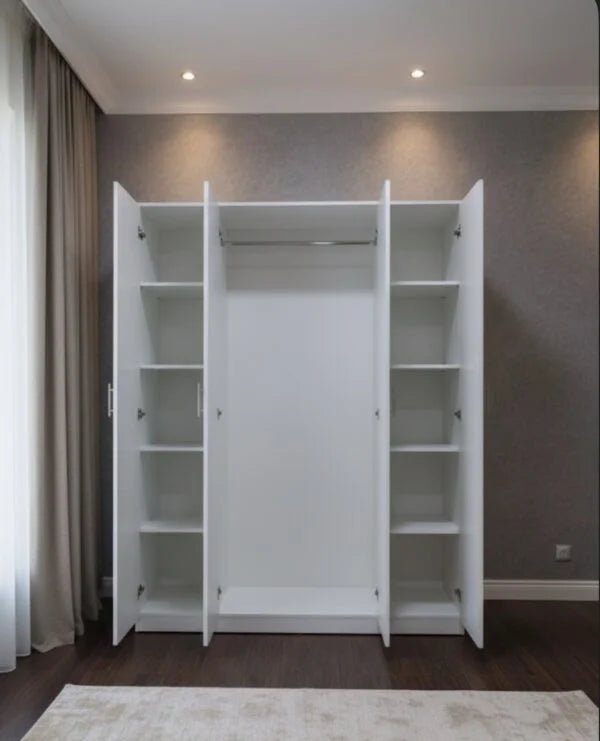 Queen Bedroom Set | Modern White Panel Design with Solid Wood 4 - Door Wardrobe, Brand New,160x200cm - althahanifurniture