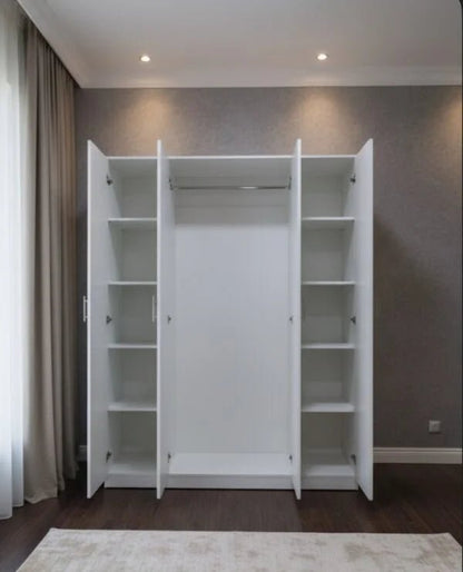 Queen Bedroom Set | Modern White Panel Design with Solid Wood 4 - Door Wardrobe, Brand New,160x200cm - althahanifurniture