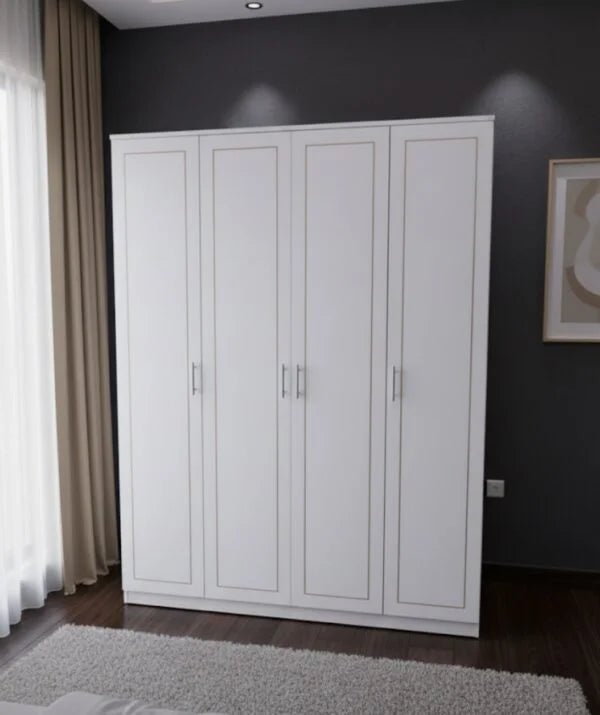 Queen Bedroom Set | Modern White Panel Design with Solid Wood 4 - Door Wardrobe, Brand New,160x200cm - althahanifurniture