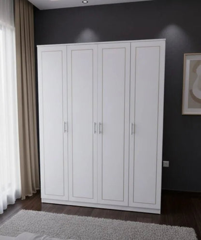 Queen Bedroom Set | Modern White Panel Design with Solid Wood 4 - Door Wardrobe, Brand New,160x200cm - althahanifurniture