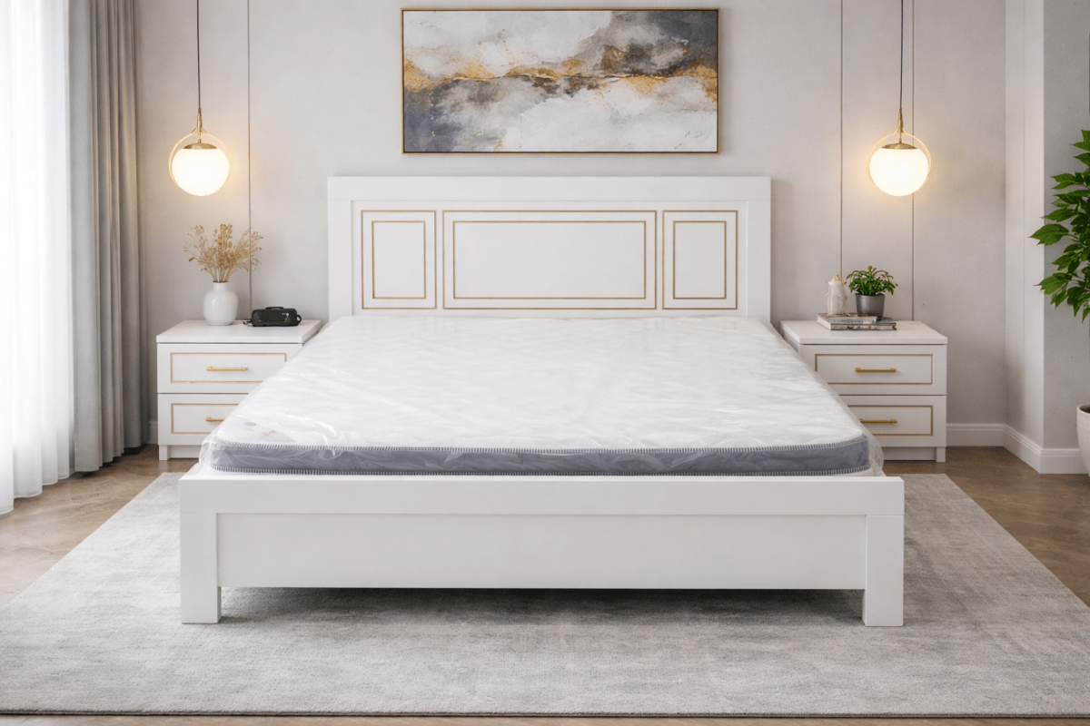 Queen Bedroom Set | Modern White Panel Design with Solid Wood 4 - Door Wardrobe, Brand New,160x200cm - althahanifurniture