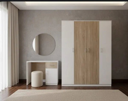 Queen Bedroom Set | Modern White & Wood Design with 4 - Door wardrobe, Brand New, 160x200cm - althahanifurniture