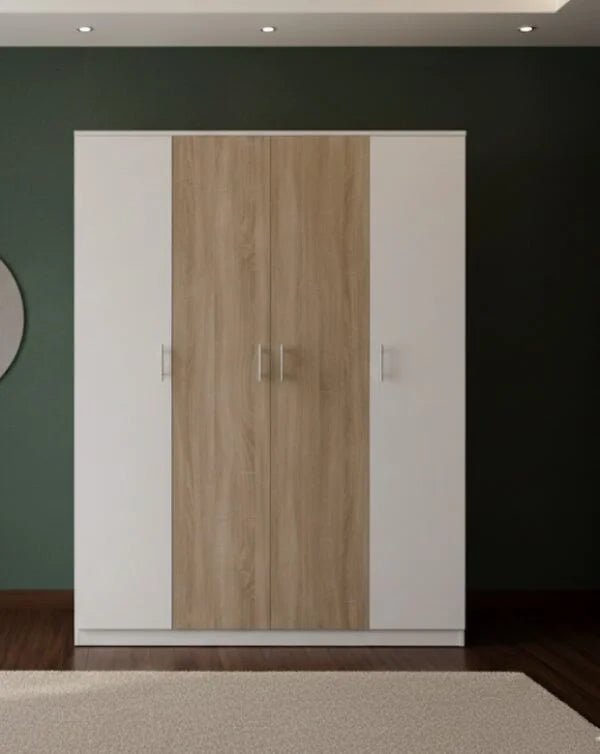 Queen Bedroom Set | Modern White & Wood Design with 4 - Door wardrobe, Brand New, 160x200cm - althahanifurniture