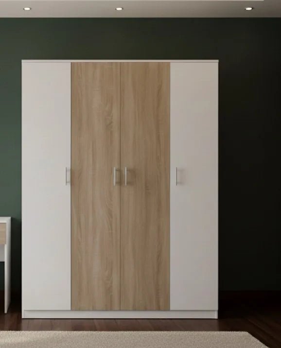 Queen Bedroom Set | Modern White & Wood Design with 4 - Door wardrobe, Brand New, 160x200cm - althahanifurniture