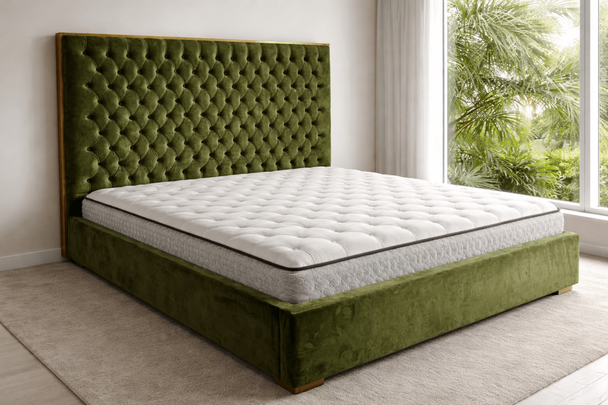 Queen Elizabeth King Size Bed – Luxurious Tufted Velvet Frame – Olive/Forest Green – With High - Quality Mattress(180x200cm) - althahanifurniture
