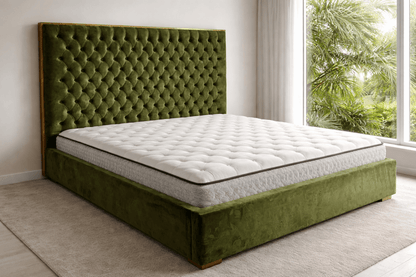 Queen Elizabeth King Size Bed – Luxurious Tufted Velvet Frame – Olive/Forest Green – With High - Quality Mattress(180x200cm) - althahanifurniture