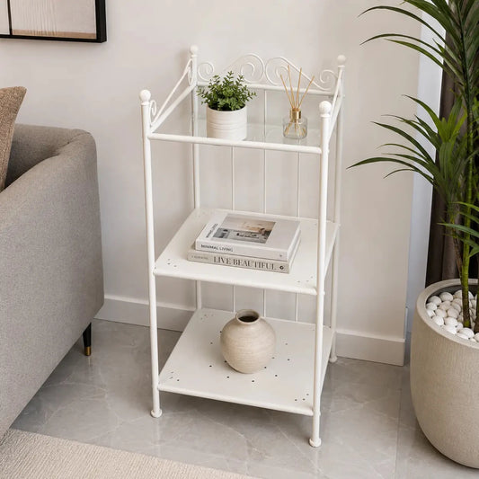 Ronnskar 3-Tier Metal Shelving Unit | White, Vintage Scrollwork, 40x32x96 cm - used 3 months - Al Thahani Furniture
