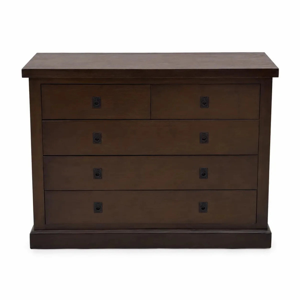 Rustic Dark Brown 5-Drawer Chest | Espresso, Black Iron Ring Handles - used 4 months - Al Thahani Furniture