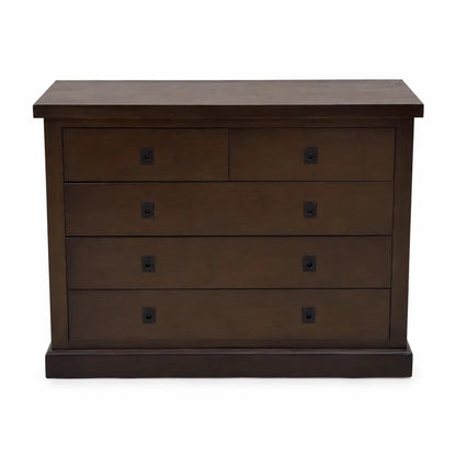 Rustic Dark Brown 5-Drawer Chest | Espresso, Black Iron Ring Handles - used 4 months - Al Thahani Furniture