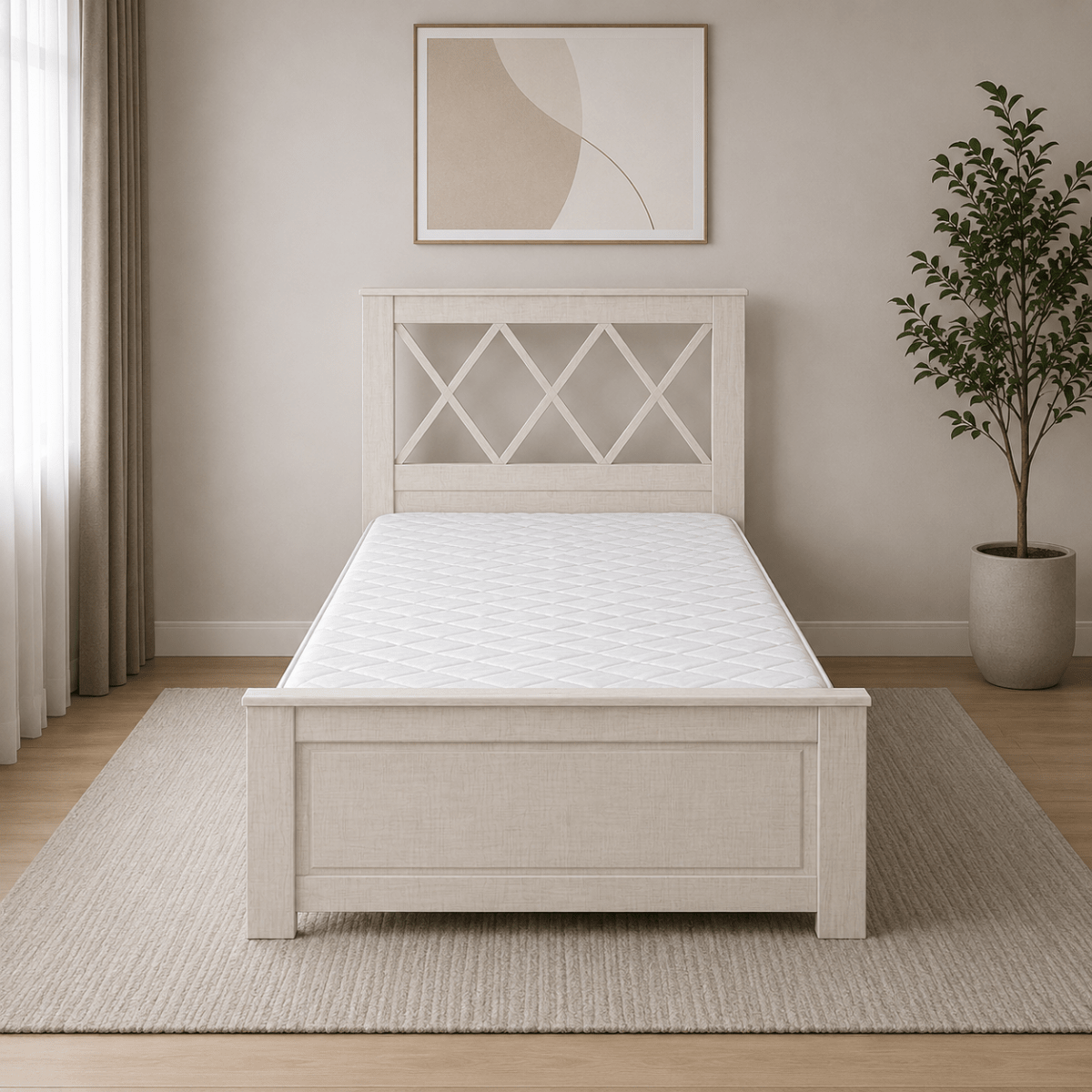 Single Bed with X-Form Headboard & Mattress | White Oak, 90x190 cm - used 7 months - Al Thahani Furniture