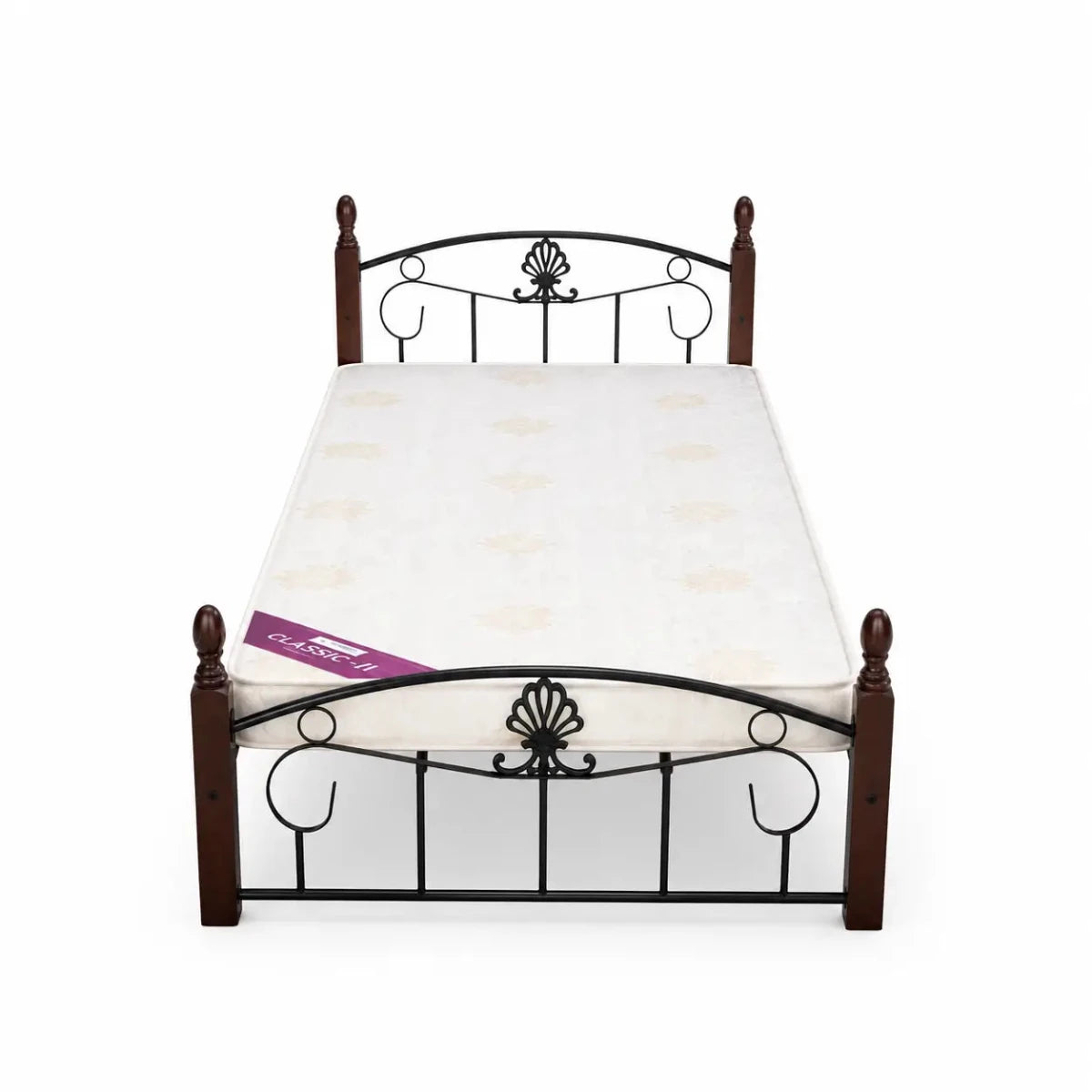 Single Wooden Steel Bed Frame | Cherry Brown & Black, Ornamental Scrollwork, 190x90 cm - used 7 months - Al Thahani Furniture