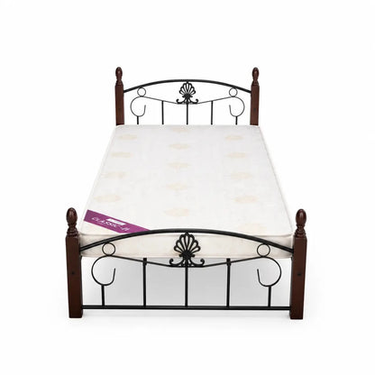 Single Wooden Steel Bed Frame | Cherry Brown & Black, Ornamental Scrollwork, 190x90 cm - used 7 months - Al Thahani Furniture