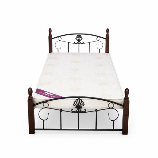 Single Wooden Steel Bed Frame | Cherry Brown & Black, Ornamental Scrollwork, 190x90 cm - used 7 months - Al Thahani Furniture