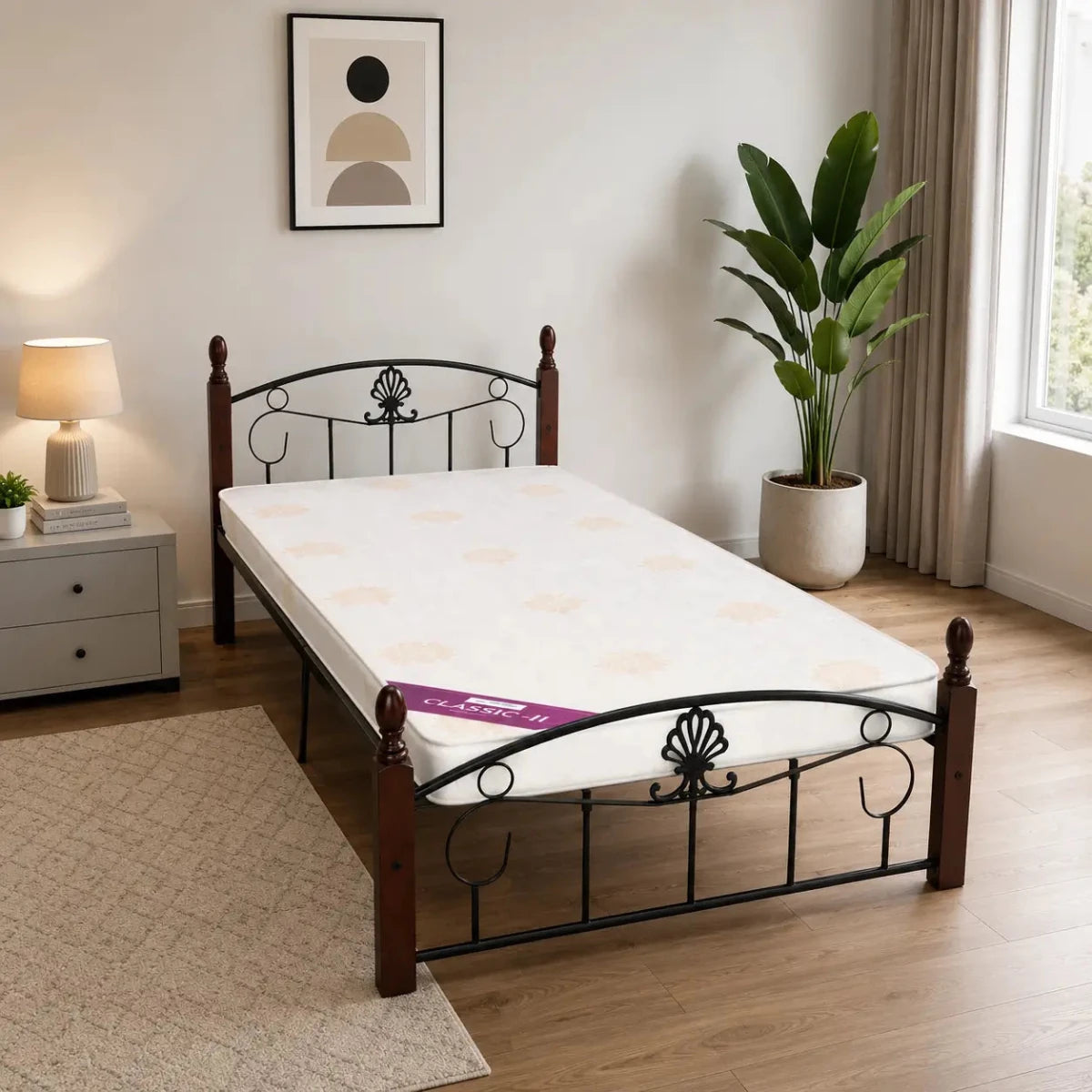 Single Wooden Steel Bed Frame | Cherry Brown & Black, Ornamental Scrollwork, 190x90 cm - used 7 months - Al Thahani Furniture