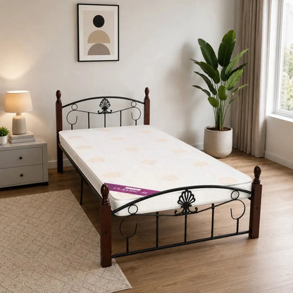 Single Wooden Steel Bed Frame | Cherry Brown & Black, Ornamental Scrollwork, 190x90 cm - used 7 months - Al Thahani Furniture