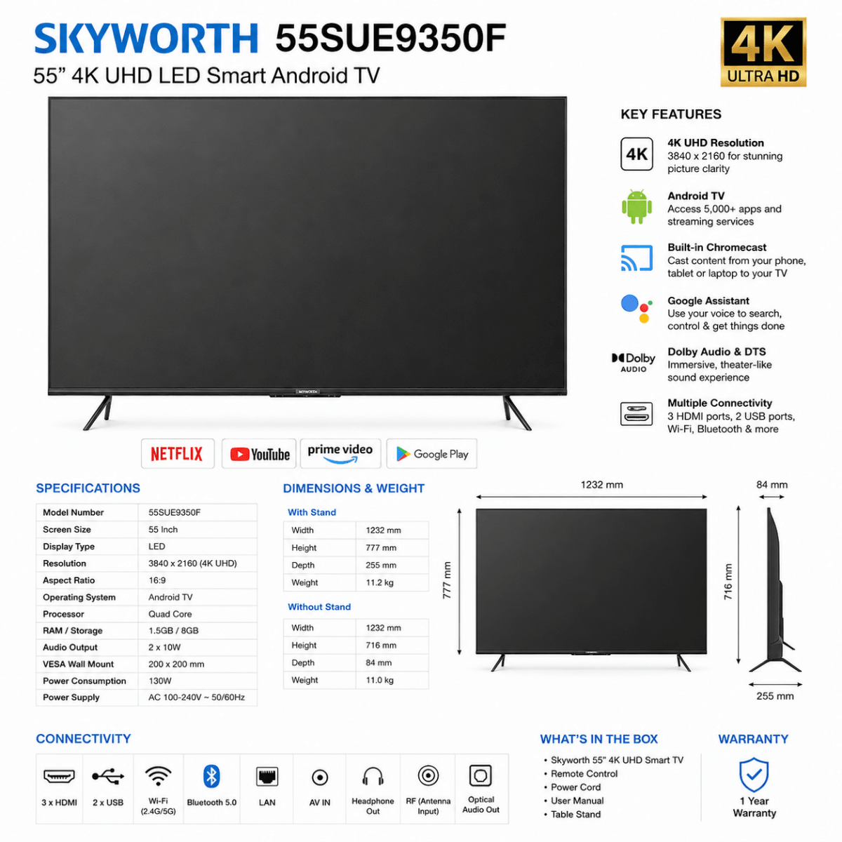 Skyworth 55SUE9350F 55-Inch 4K UHD Smart TV – Black - Al Thahani Furniture