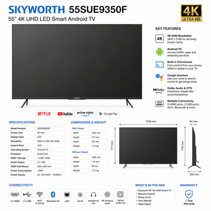 Skyworth 55SUE9350F 55-Inch 4K UHD Smart TV – Black - Al Thahani Furniture