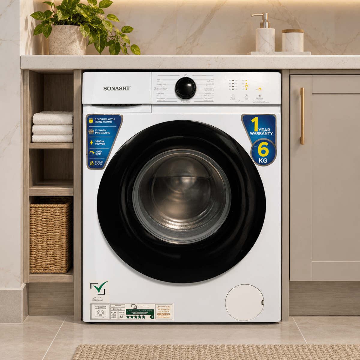 Sonashi SWM-6002FL 6kg Fully Automatic Front Load Washing Machine – White - Al Thahani Furniture